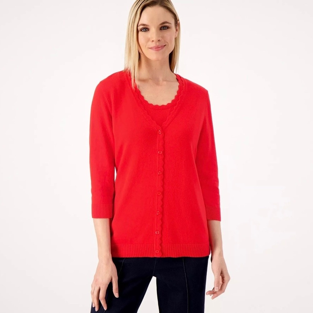 Isaac Mizrahi Live Scalloped Cardigan Tank Set Large Red‎ Sweater Knit Christmas